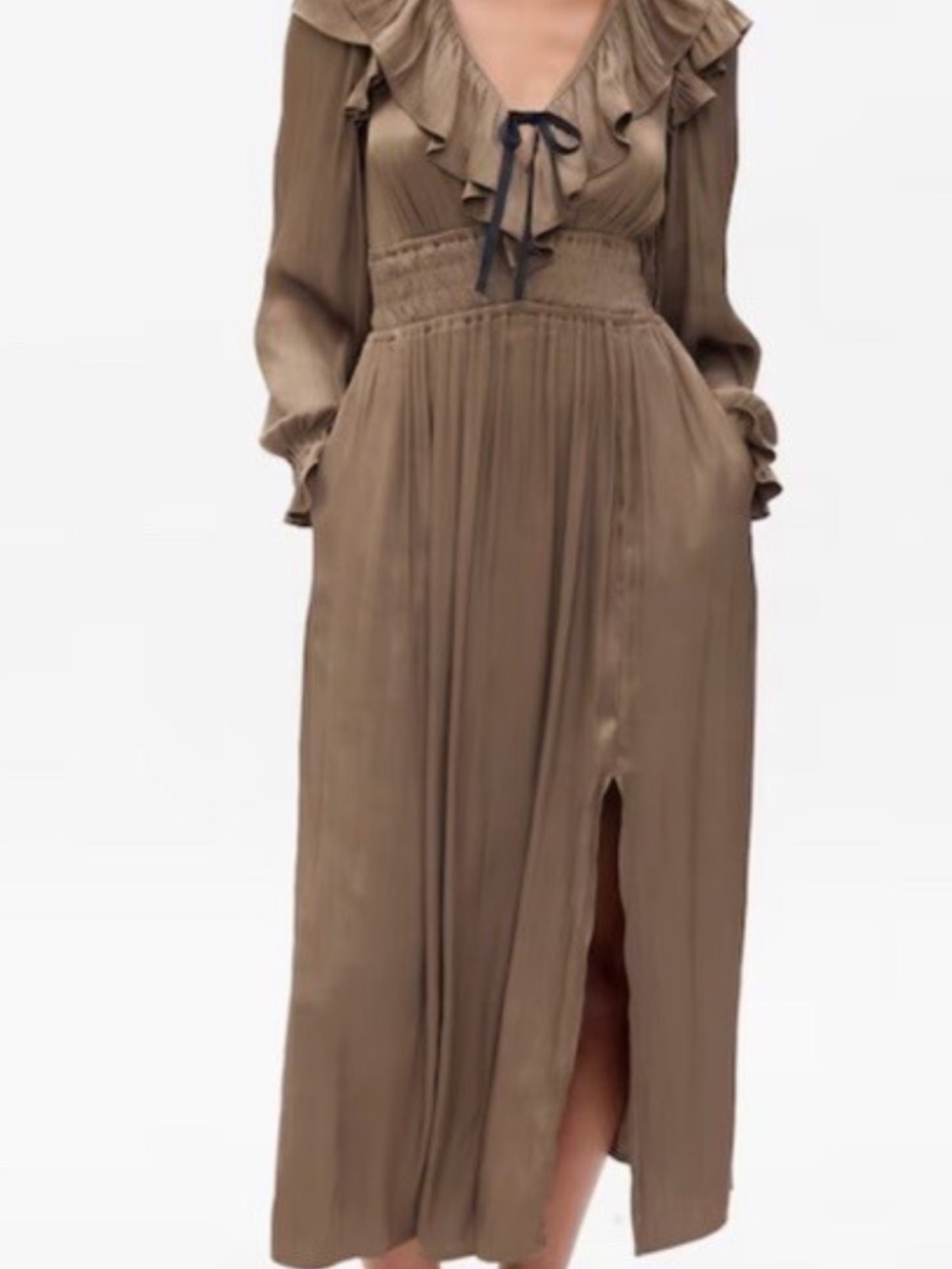 GAP Satin Ruffled V-Neck Maxi Dress in Brown/Olive Green XXS